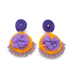 Floral duo yellow an purple medium earrings