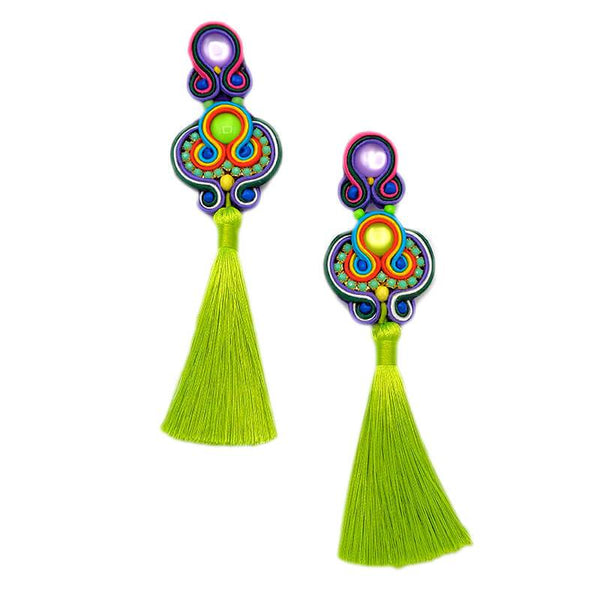 Rai L - green neon - Handmade tassel earring - La Camaleonica